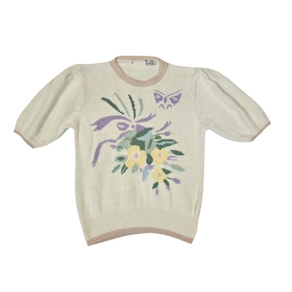 Vintage Sweaters - VTG 90's Floral Puff Short Sleeve Sweater Grannycore Cottage Butterfly Knit MD